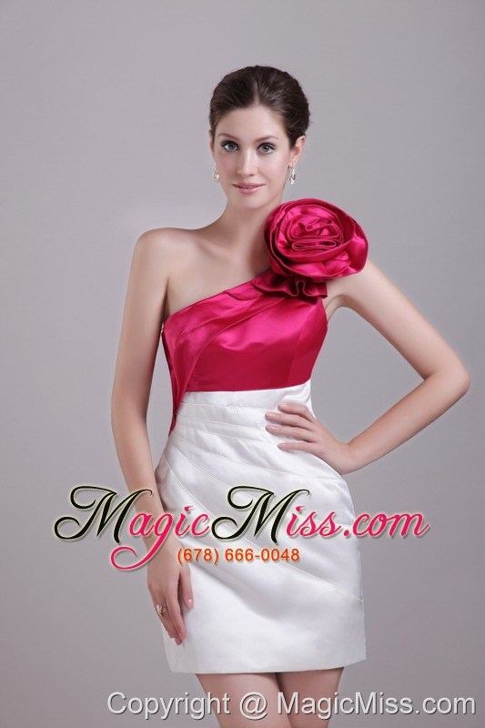 wholesale white and wine red column/sheath one shoulder mini-length taffeta hand flower prom / homecoming dress