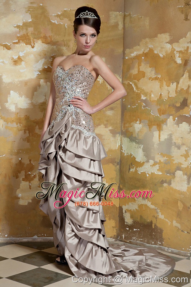 wholesale brown column sweetheart high-low taffeta and sequin beading pageant dress
