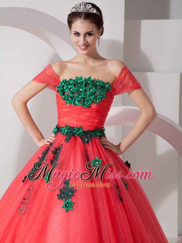 wholesale coral red princess off the shoulder floor-length organza appliques prom dress