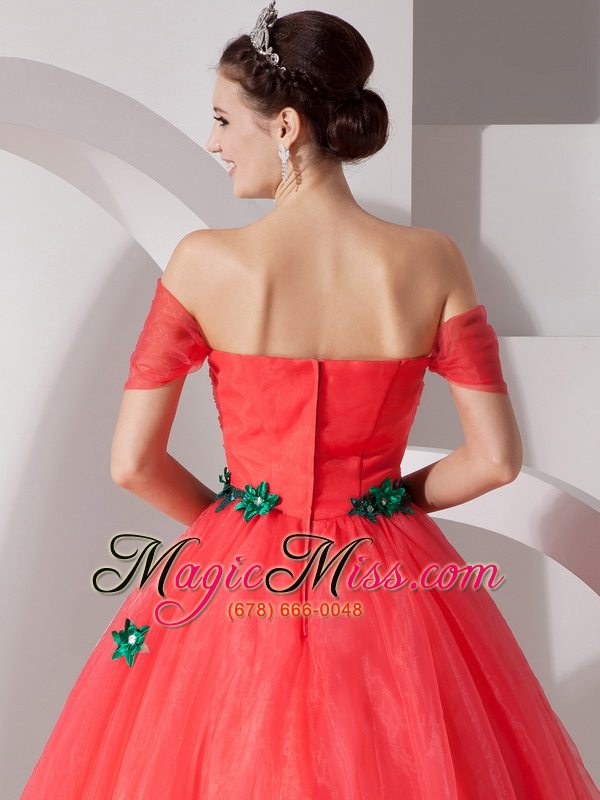 wholesale coral red princess off the shoulder floor-length organza appliques prom dress