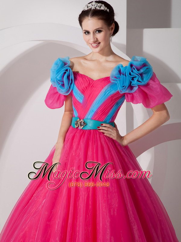 wholesale red a-line v-neck floor-length organza hand made flowers prom dress