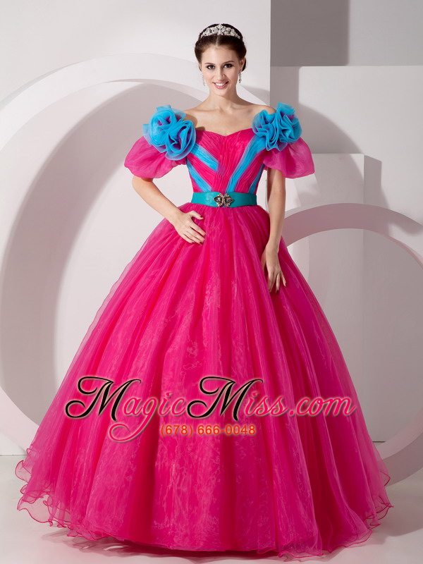 wholesale red a-line v-neck floor-length organza hand made flowers prom dress