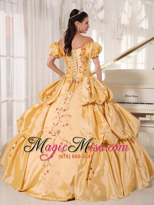 wholesale gold ball gown off the shoulder floor-length taffeta embroidery quinceanera dress