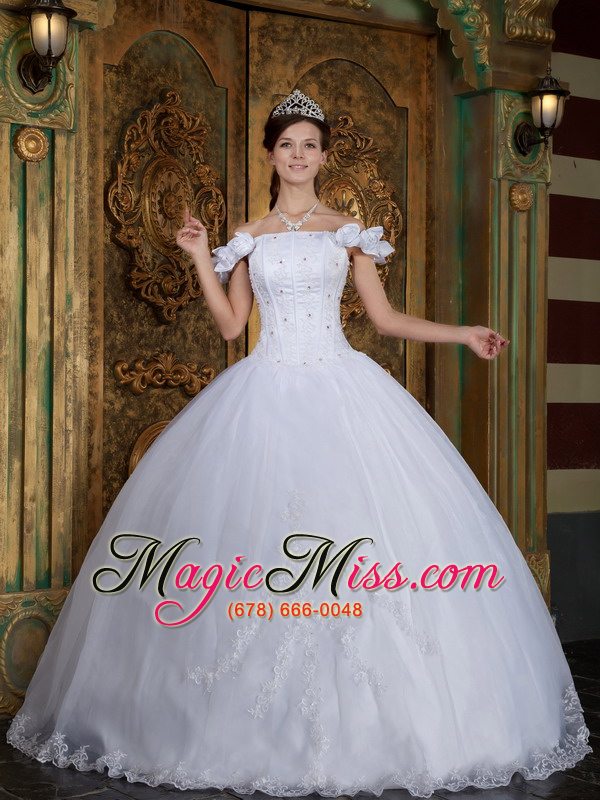 wholesale white ball gown off the shoulder floor-length organza appliques quinceanera dress