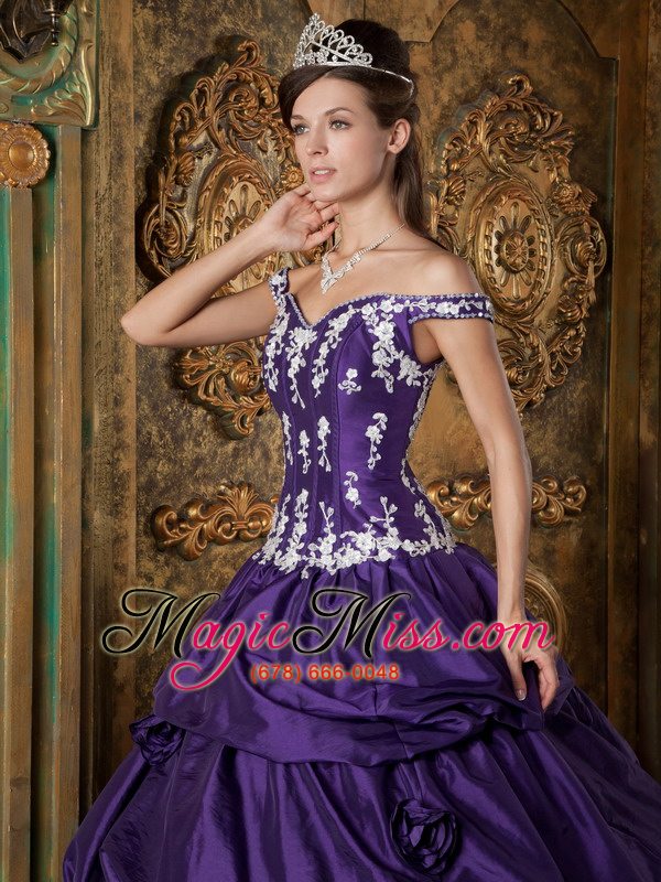wholesale purple ball gown off the shoulder floor-length taffeta appliques quinceanera dress