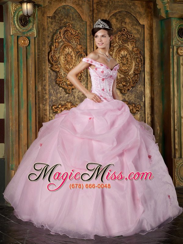 wholesale pink ball gown off the shoulder floor-length organza appliques quinceanera dress
