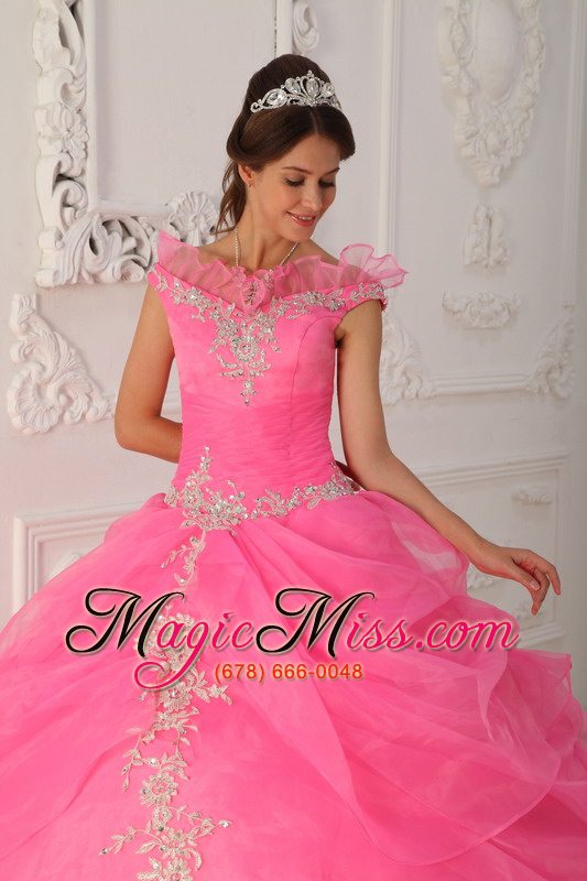 wholesale pink ball gown v-neck floor-length taffeta and organza appliques with beading quinceanera dress