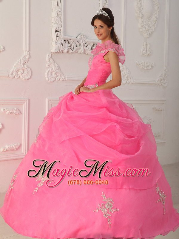 wholesale pink ball gown v-neck floor-length taffeta and organza appliques with beading quinceanera dress