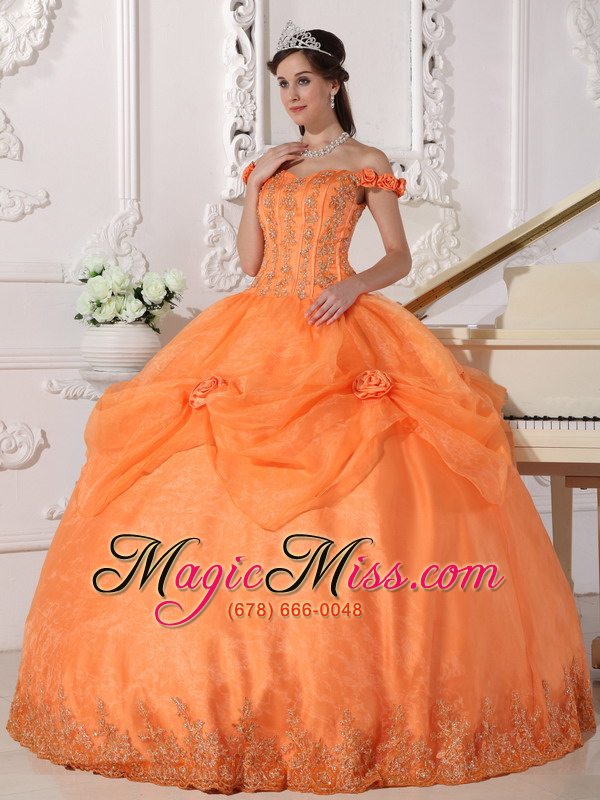 wholesale orange ball gown off the shoulder floor-length taffeta and organza appliques and hand made flowers quinceanera dress