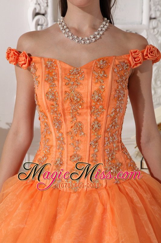wholesale orange ball gown off the shoulder floor-length taffeta and organza appliques and hand made flowers quinceanera dress
