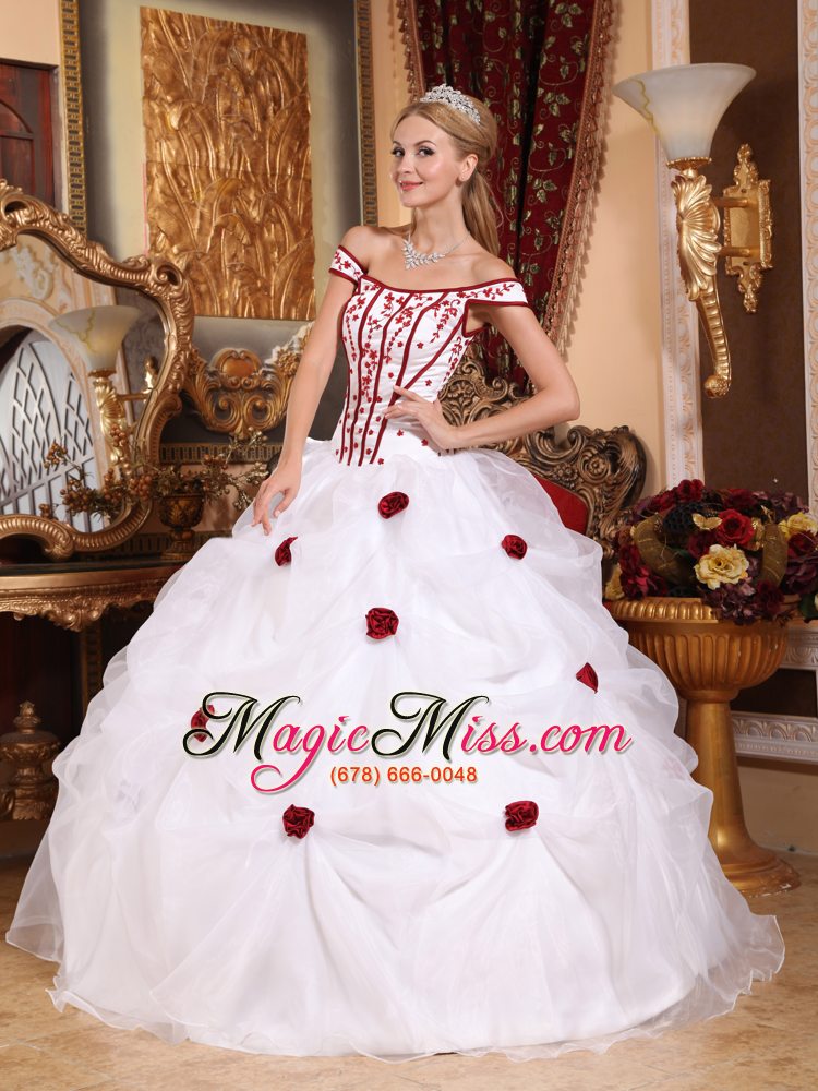 wholesale white ball gown off the shoulder floor-length taffeta and organza embroidery quinceanera dress