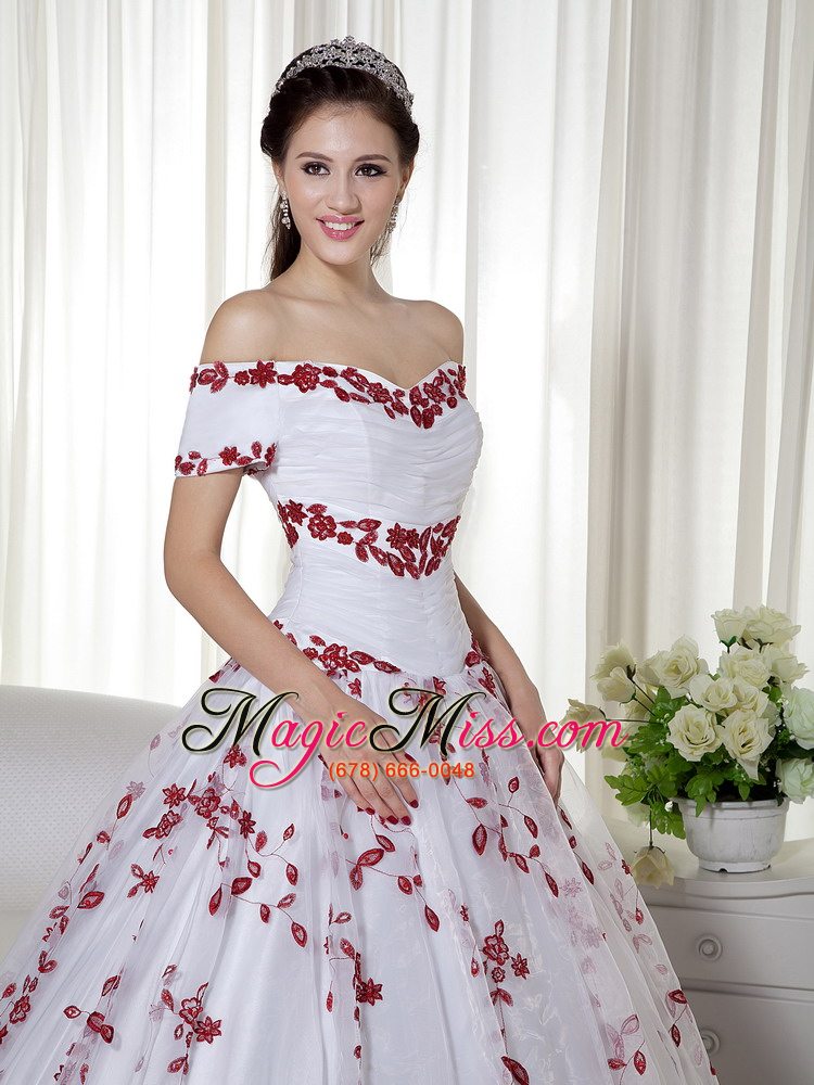 wholesale white and red ball gown off the shoulder floor-length taffeta and organza embroidery quinceanera dress