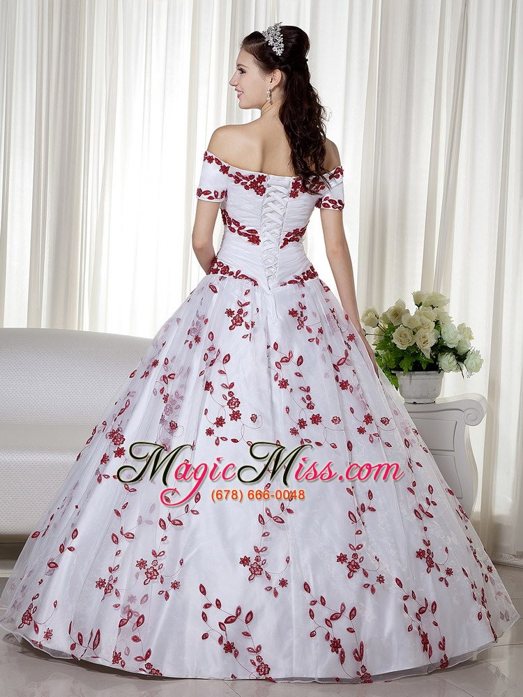 wholesale white and red ball gown off the shoulder floor-length taffeta and organza embroidery quinceanera dress