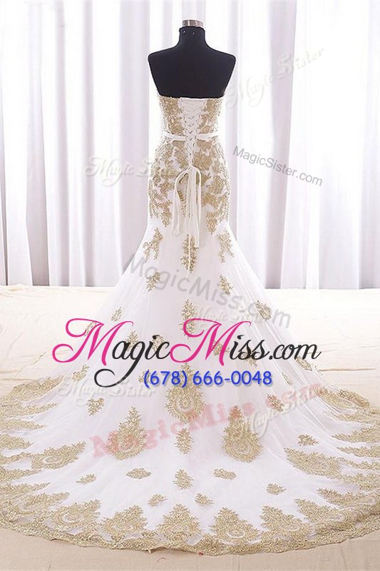 wholesale on sale mermaid sweetheart sleeveless brush train lace up prom gown white organza