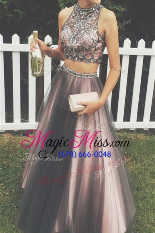 wholesale gorgeous floor length brown pageant dress for girls high-neck sleeveless zipper