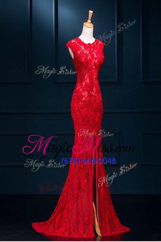 wholesale fashion mermaid scoop red sleeveless floor length lace zipper formal dresses