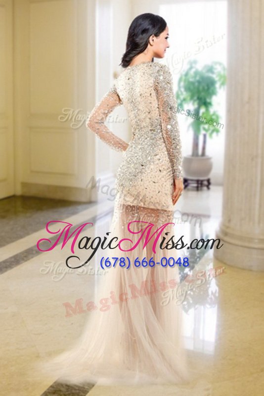 wholesale traditional baby pink column/sheath v-neck long sleeves tulle floor length zipper beading dress for prom