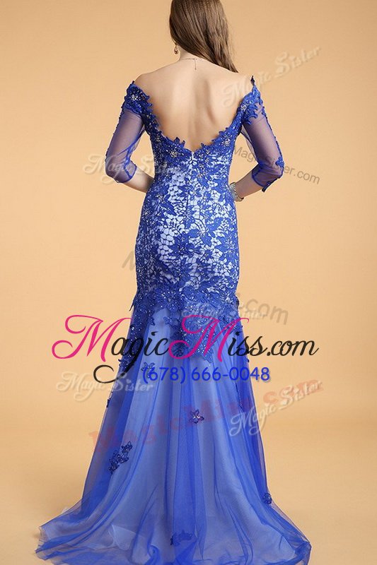 wholesale fantastic royal blue mermaid lace off the shoulder sleeveless beading floor length zipper evening wear