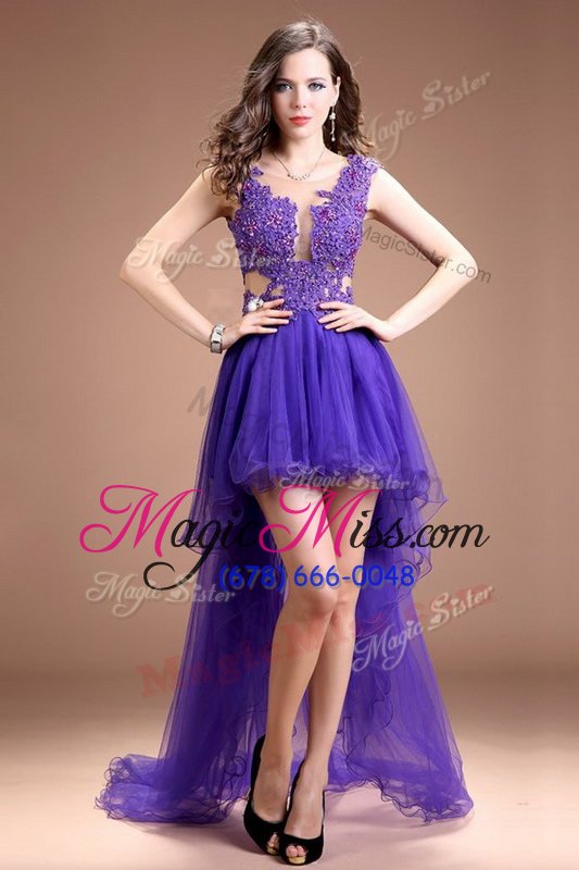 wholesale custom designed scoop sleeveless zipper dress for prom purple organza
