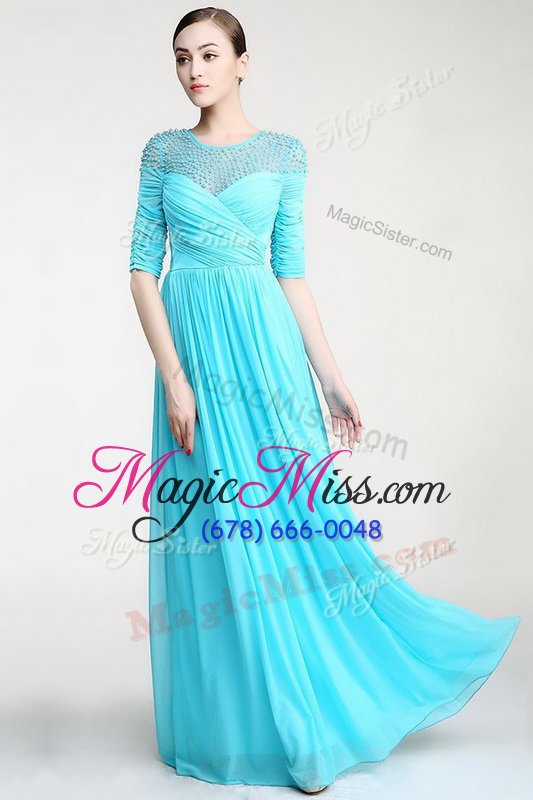 wholesale hot selling scoop aqua blue sleeveless chiffon zipper mother of the bride dress for prom and party