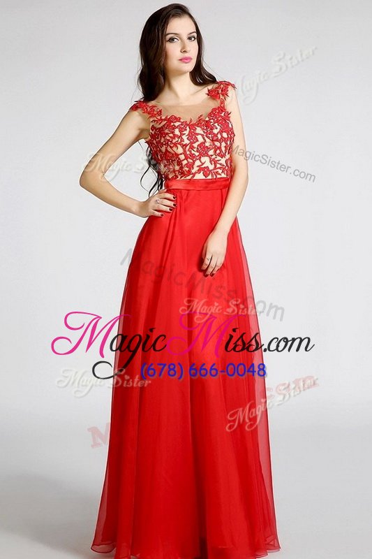 wholesale inexpensive red chiffon zipper bateau sleeveless floor length evening dress beading and appliques