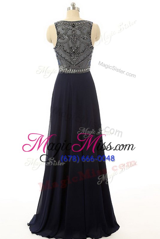 wholesale admirable floor length navy blue dress for prom chiffon sleeveless beading