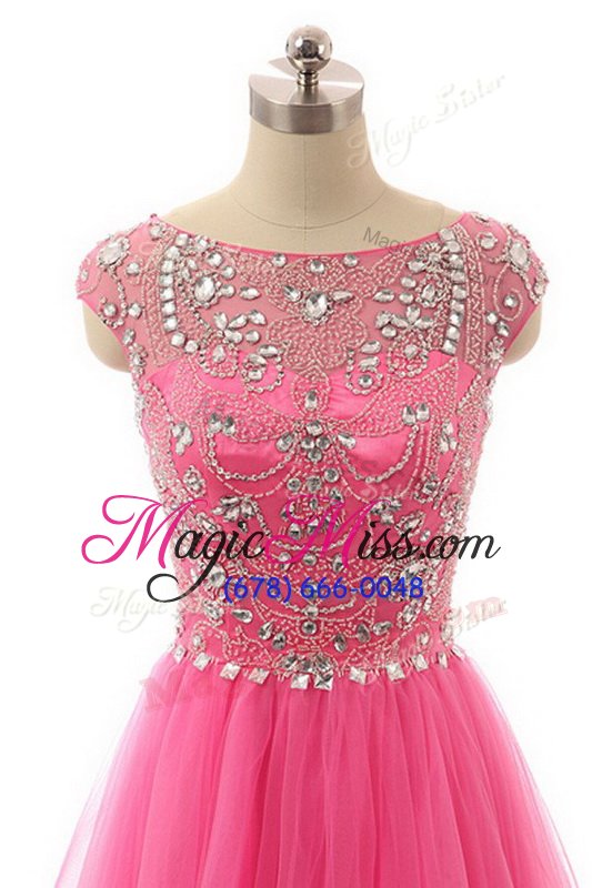 wholesale trendy lace floor length a-line short sleeves hot pink homecoming dress zipper
