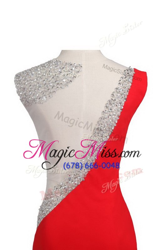 wholesale suitable satin one shoulder sleeveless court train backless beading prom party dress in coral red