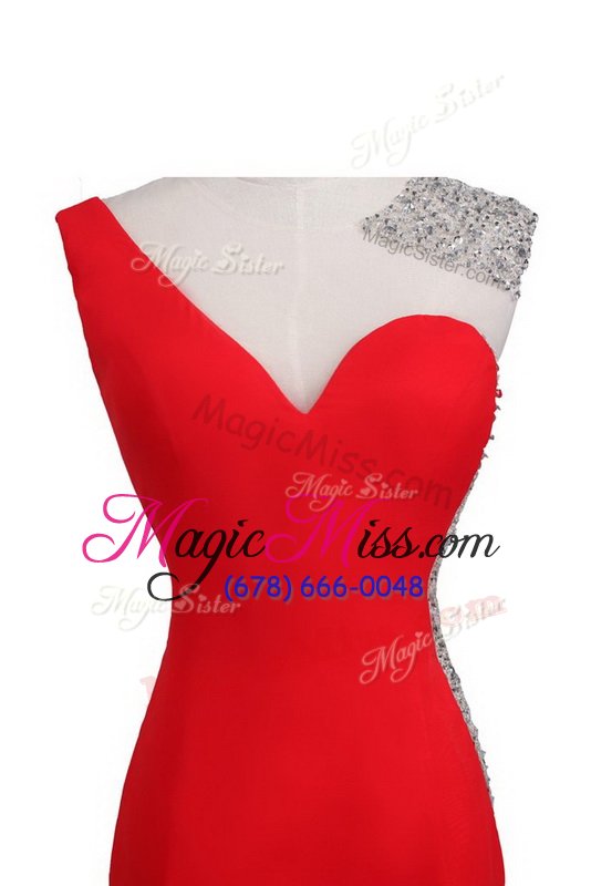 wholesale suitable satin one shoulder sleeveless court train backless beading prom party dress in coral red