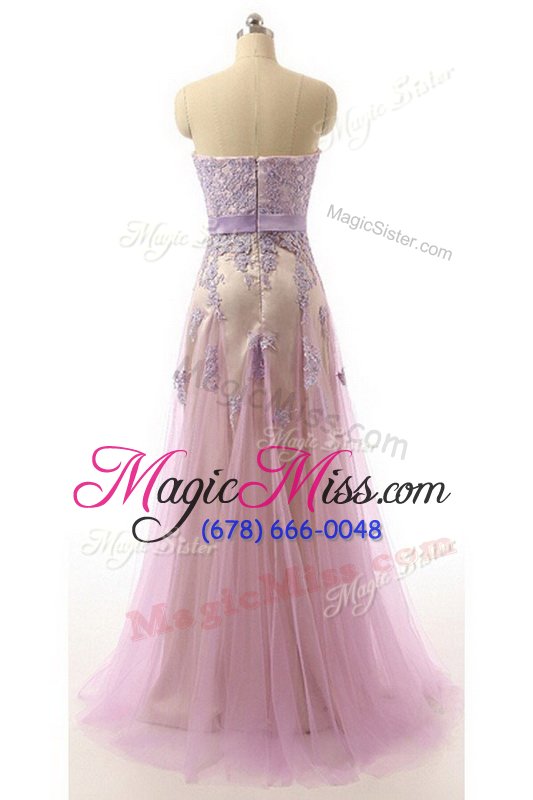 wholesale dramatic lavender sweetheart zipper lace and appliques and belt prom dresses brush train sleeveless