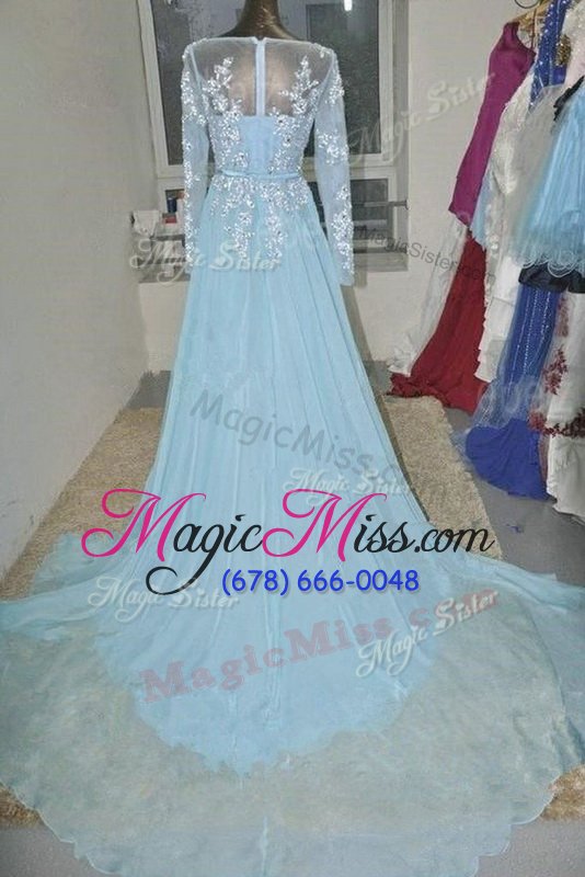 wholesale beauteous organza bateau long sleeves court train zipper appliques and belt military ball dresses in baby blue