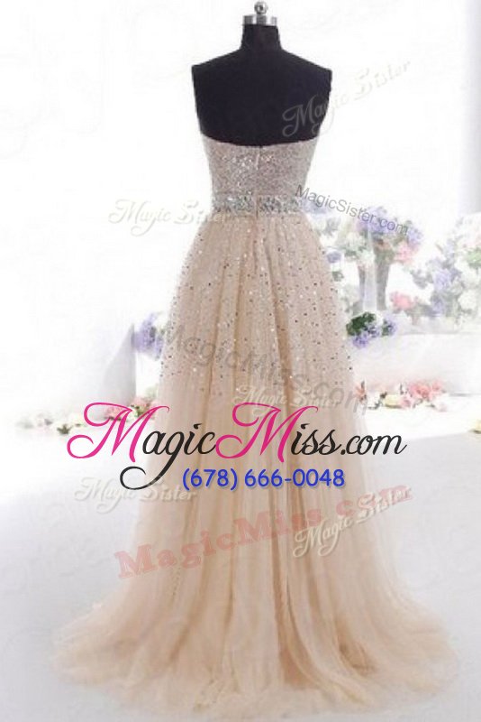 wholesale luxurious sleeveless beading and belt zipper dress for prom with champagne sweep train