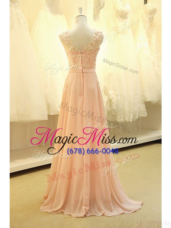wholesale customized orange prom dress scoop sleeveless sweep train zipper