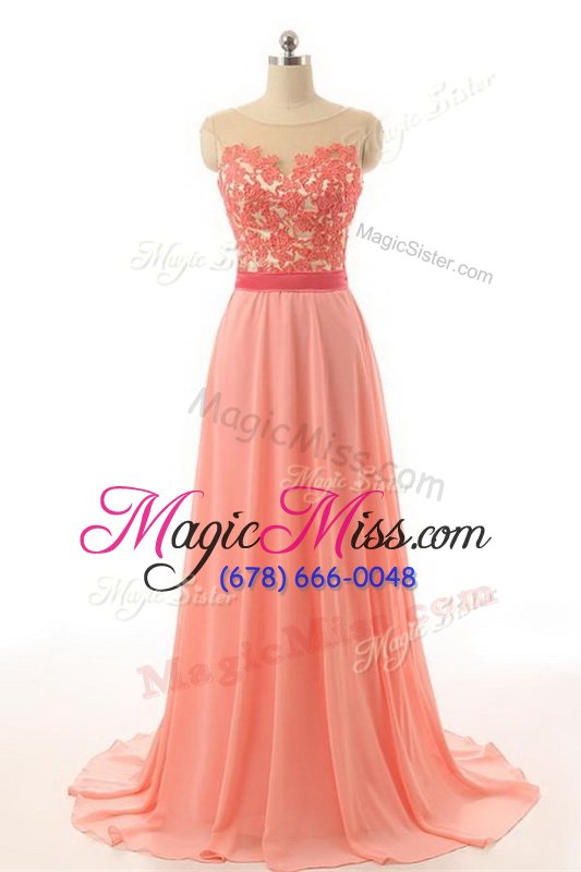 wholesale trendy lilac zipper prom gown appliques and belt sleeveless brush train