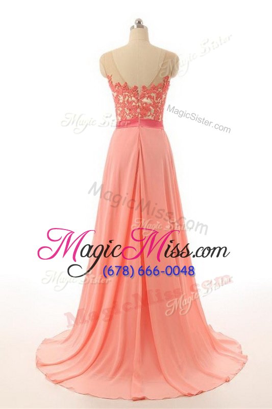 wholesale trendy lilac zipper prom gown appliques and belt sleeveless brush train