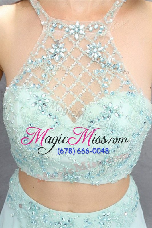 wholesale exquisite halter top sleeveless sweep train zipper prom dress baby blue tulle