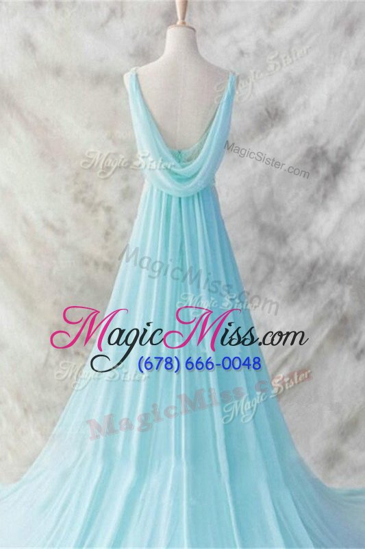 wholesale baby blue chiffon backless prom gown sleeveless brush train belt