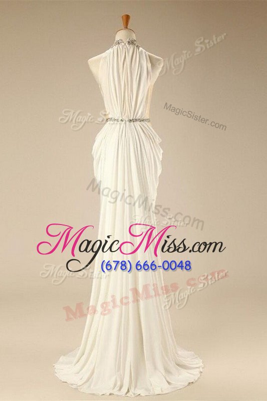 wholesale excellent sleeveless chiffon sweep train zipper homecoming dresses in white for with beading and belt