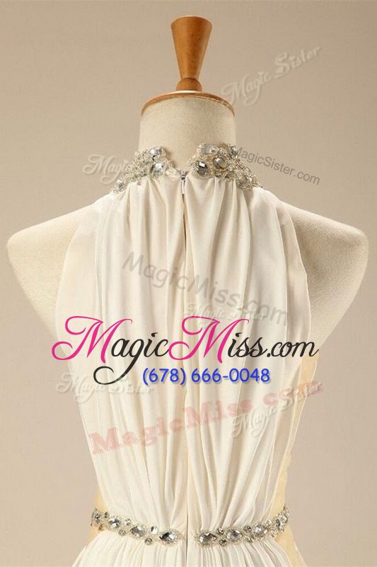 wholesale excellent sleeveless chiffon sweep train zipper homecoming dresses in white for with beading and belt