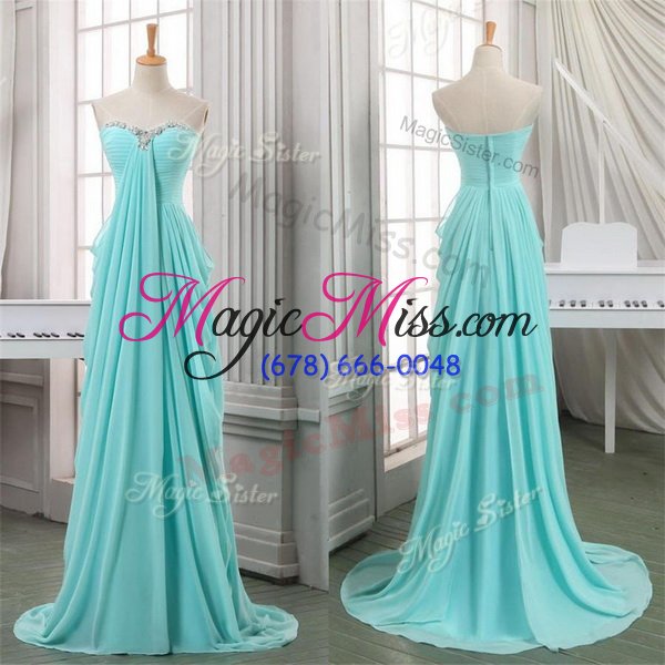 wholesale fantastic turquoise prom gown prom and party and for with ruching sweetheart sleeveless brush train zipper