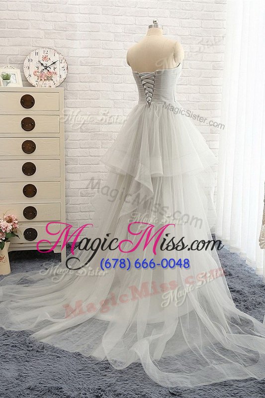 wholesale discount sleeveless with train ruching lace up evening dress with silver brush train