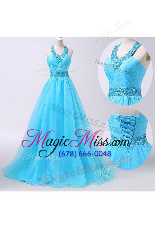 wholesale clearance aqua blue chiffon lace up halter top sleeveless floor length homecoming dress beading and belt