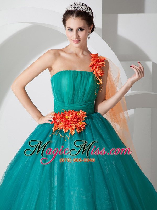 wholesale teal a-line one shoulder floor-length organza hand made flowers prom dress