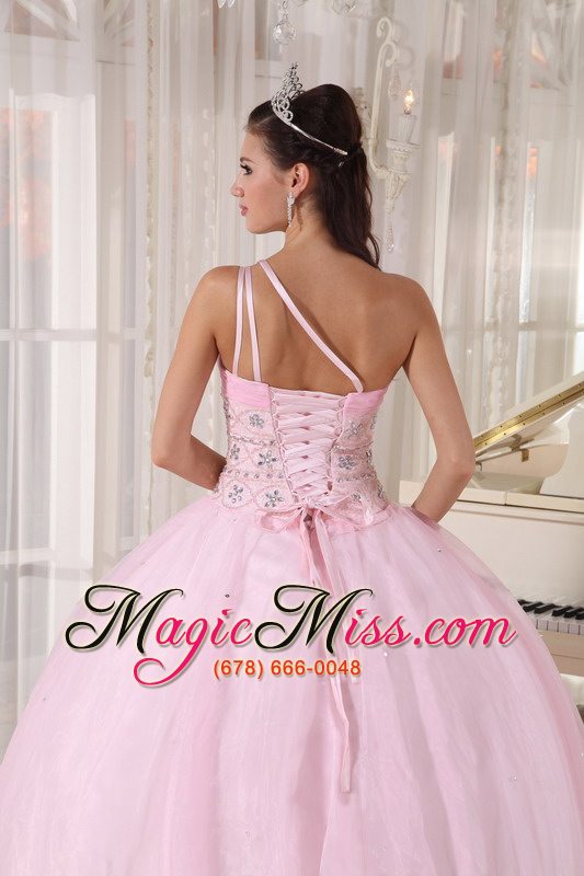 wholesale baby pink ball gown one shoulder floor-length tulle beading quinceanera dress