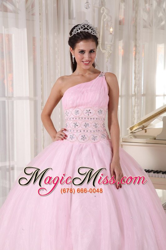 wholesale baby pink ball gown one shoulder floor-length tulle beading quinceanera dress
