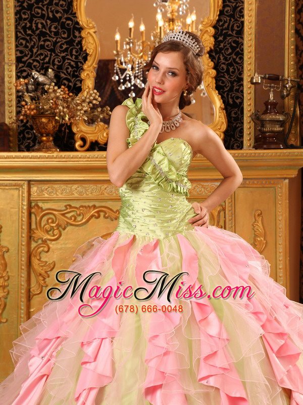 wholesale multi-color ball gown one shoulder floor-length taffeta and organza beading and ruffles quinceanera dress