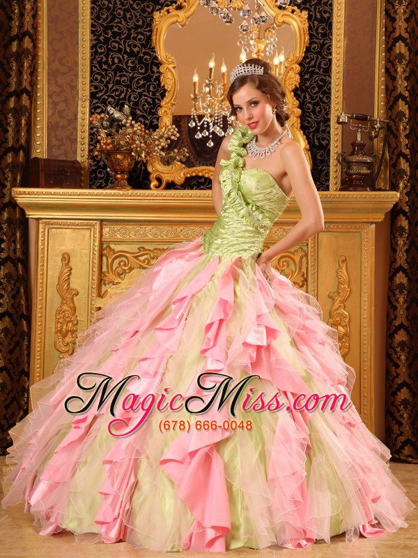 wholesale multi-color ball gown one shoulder floor-length taffeta and organza beading and ruffles quinceanera dress