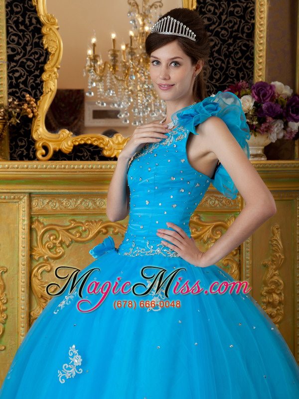 wholesale teal ball gown one shoulder floor-length tulle appliques quinceanera dress