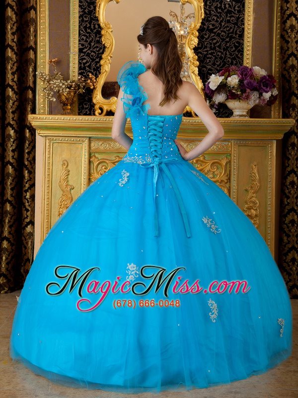 wholesale teal ball gown one shoulder floor-length tulle appliques quinceanera dress