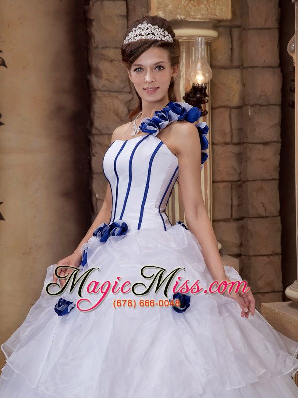 wholesale white ball gown one shoulder floor-length satin and tulle hand made flowers quinceanera dress